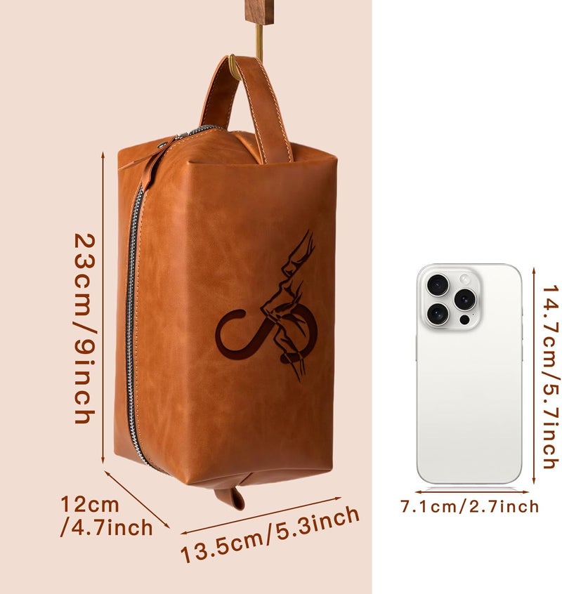 Aganmi Personalized Gifts Travel Toiletry Bag for Men Engraved Initial PU Leather Waterproof Shaving Bag for Toiletries Accessories Fathers Day Birthday Gift for Men Dad Husband Son, Light Brown M - Image 5